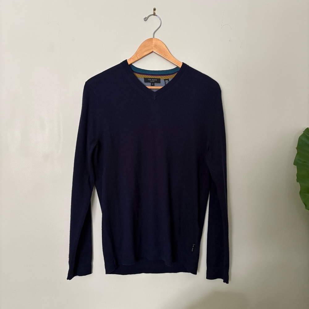 Ted Baker Dark Blue V-Neck Sweater Wool Cashmere Blend